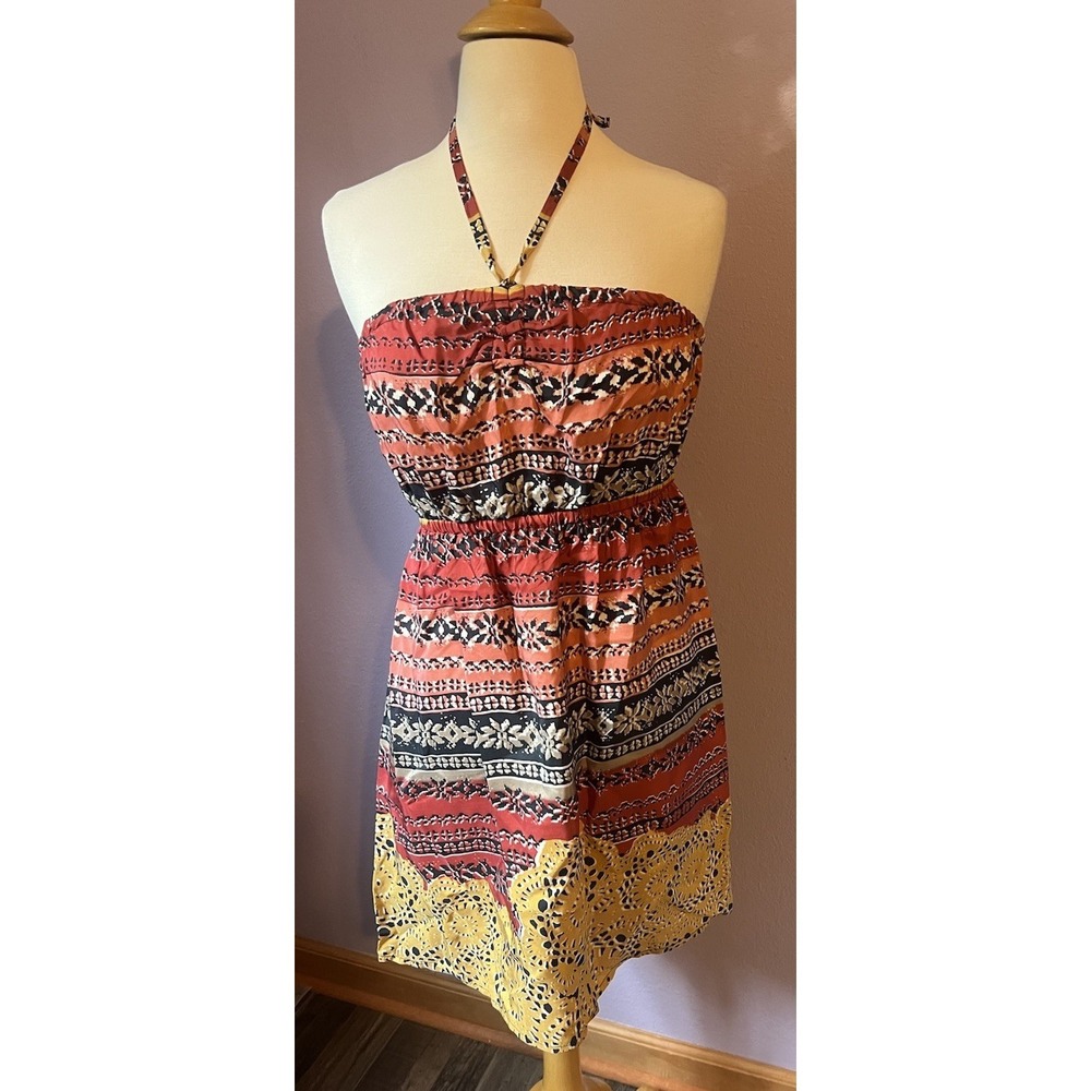 Lilka‎ Pink Yellow Pattern Tie Halter Mini Dress Size Small 100% Silk